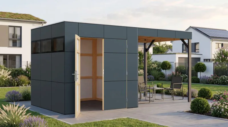 Gartenhaus Lounge Frankfurt 01 mit Dachanbau | Schleppdach | Grundfläche 10,5 m² | Grau / Anthrazit | Elementgartenhaus | HPL-Fassadenplatten