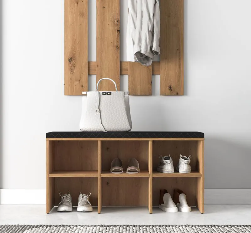 Schuhschrank Bering 01 | Maße: 96 x 34 x 51 cm | Sitzfläche aus Schwarzen Samt | Farbe: Artisan Eiche | ABS-Kanten | für Vorzimmer | laminiert