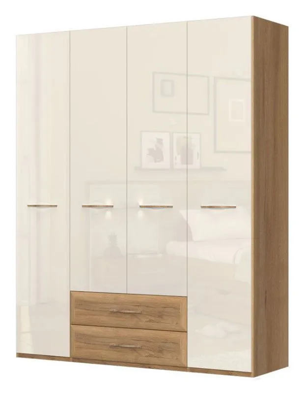 182 cm breiter Kleiderschrank mit 4 Türen, 9 Fächern und 2 Schubladen | Farbe: Beige | Tiefe: 56 cm Abbildung