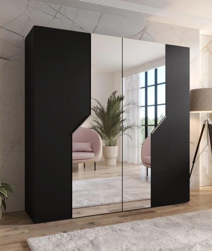 Drehtürenschrank / Kleiderschrank | Farbe: Schwarz | Soft-Close-Funktion | 2 Spiegeltüren | ABS-Kanten | Griffe: Kaschmir | Maße: 200 x 52 x 202 cm | 2 Kleiderstangen