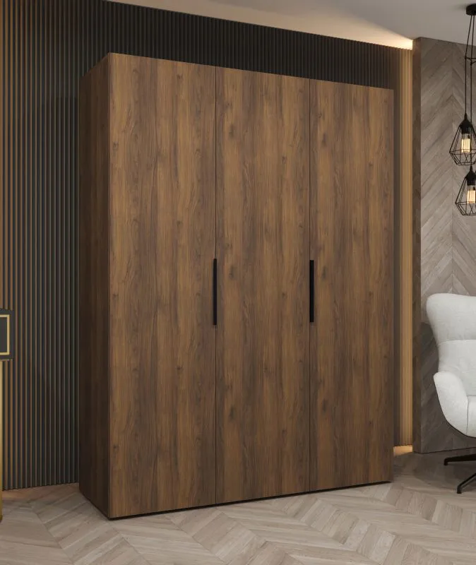 Kleiderschrank mit zwei Kleiderstangen | Farbe: Walnuss | 1,5 Meter breit | zwei Fächer | Soft-Close | drei Türen | Griffe: Schwarz | Drehtürenschrank