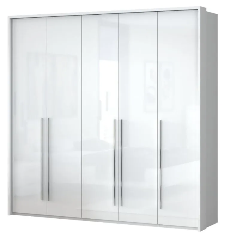 Drehtürenschrank / Kleiderschrank mit LED-Rahmen Siumu 24, Farbe: Weiß / Weiß Hochglanz - 226 x 232 x 60 cm (H x B x T)