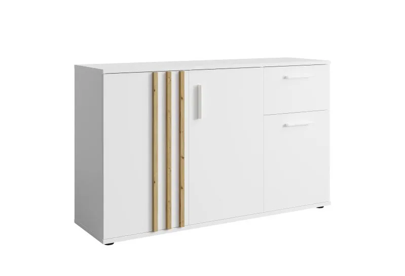 Sideboard / Kommode mit drei Türen Elefsina 02, Farbe: Weiß / Eiche Artisan, eine Schublade, drei Fächer, Maße: 73 x 120 x 35 cm, gut Verarbeitet