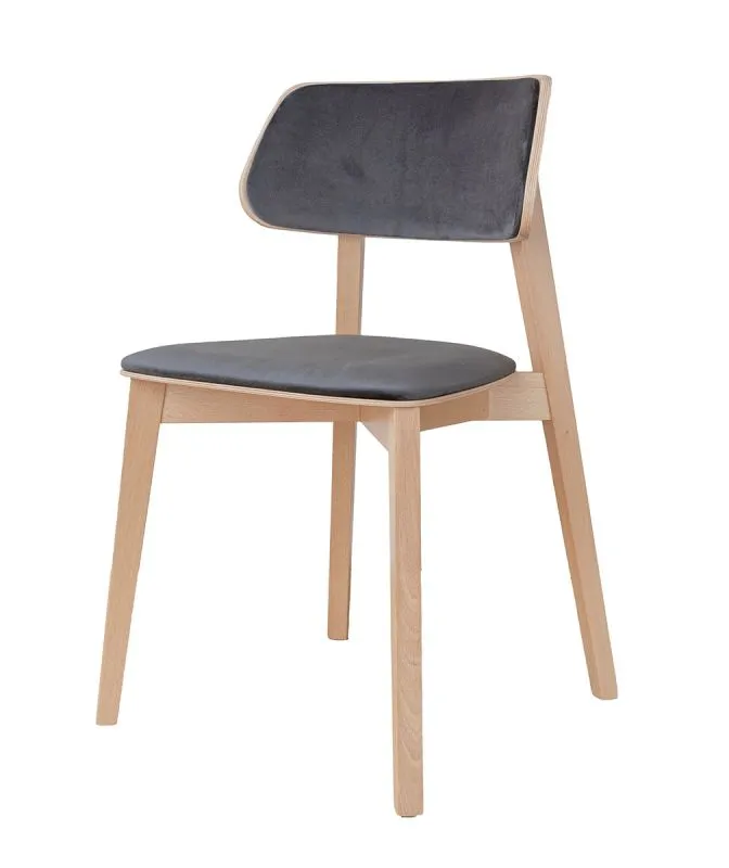 Schlichter Stuhl mit gepolsterter Sitzfläche & Lehne Doustre 07, aus massiven Buchenholz, Farbe: Grau, Maße: 80 x 46 x 43 cm, widerstandsfähig
