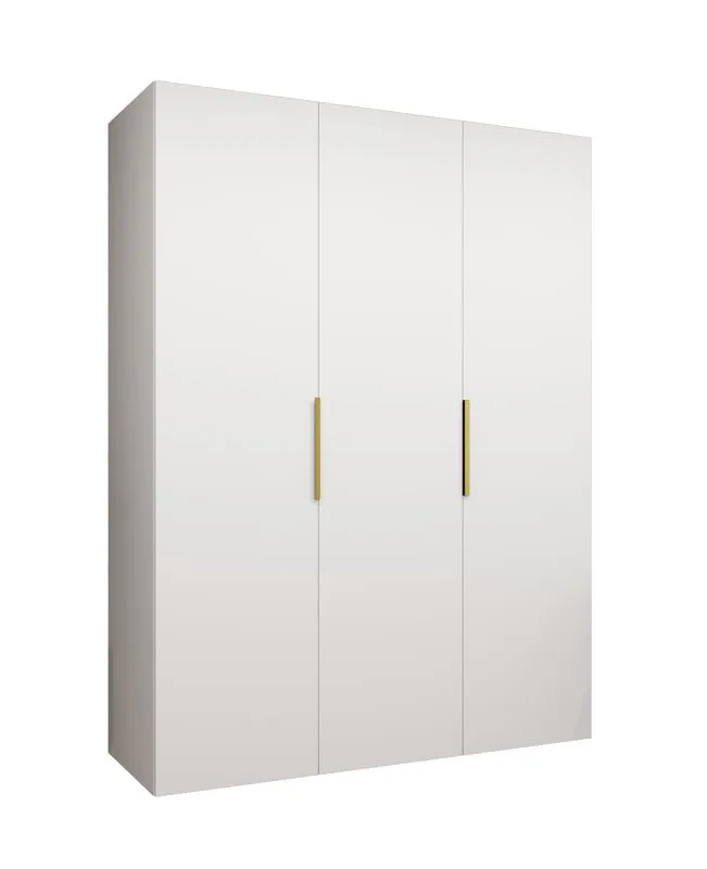Kleiderschrank mit drei Türen Korab 16, Farbe: Weiß, 1,5 Meter breit, Drehtürenschrank, zwei Fächer, Griffe: Gold, zwei Kleiderstangen, Soft-Close-Funktion