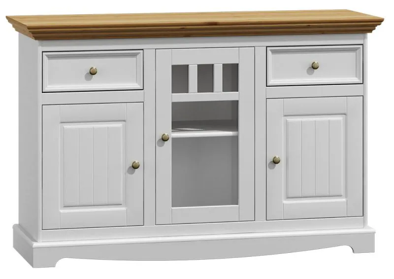 Kommode Gyronde 01, Kiefer massiv Vollholz, Farbe: Weiß / Eiche - 85 x 130 x 45 cm (H x B x T)