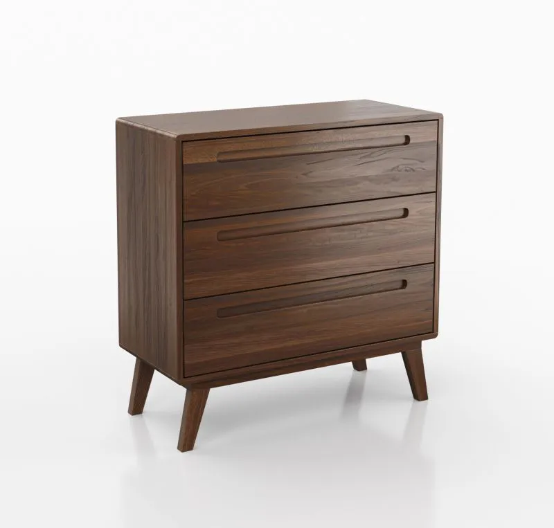 Schmale Kommode mit drei Schubladen Engordany 04 | Buche Vollholz massiv | lackiert | Farbe: Walnuss | Soft-Close-Funktion | für Wohnzimmer