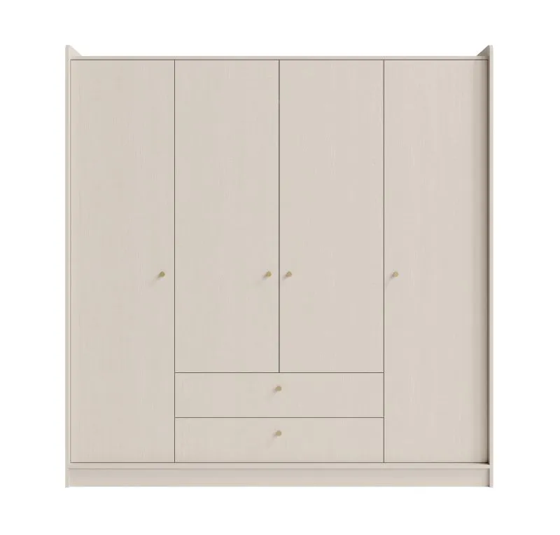 Kleiderschrank | 4 Drehtüren | Farbe: Beige mit Holzstruktur | 2 Schubladen | Maße: 200 x 52 x 207 cm | 2 Schubladen | 1 Kleiderstange | für Schlafzimmer