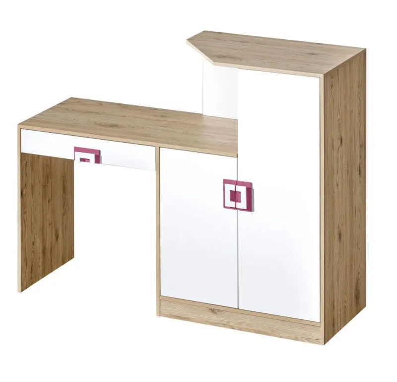 Kinderzimmer - Schreibtisch Fabian 11, Farbe: Eiche Hellbraun / Weiß / Rosa - 120 x 150 x 50 cm (H x B x T)