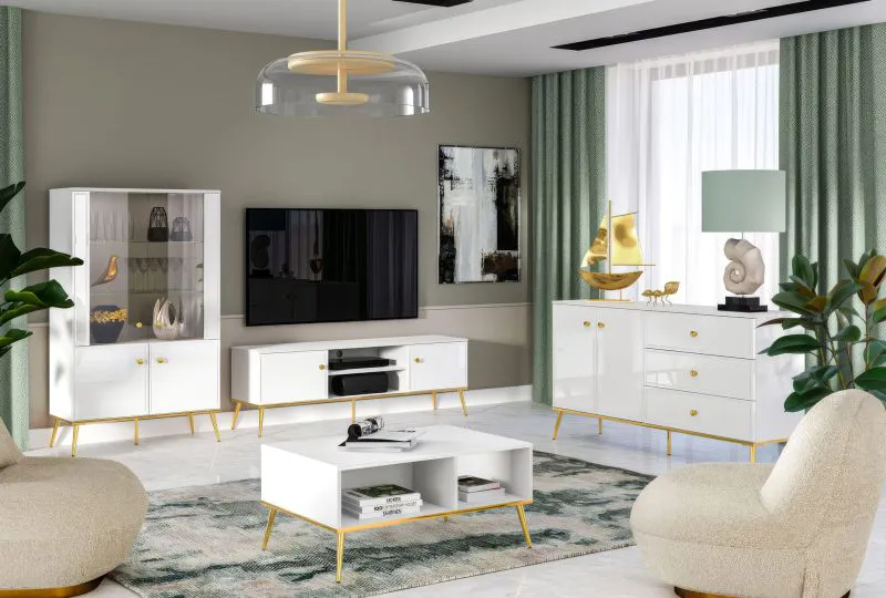 Wohnzimmer Komplett - Set A Roanoke, 4-teilig, Farbe: Weiß / Weiß Glanz