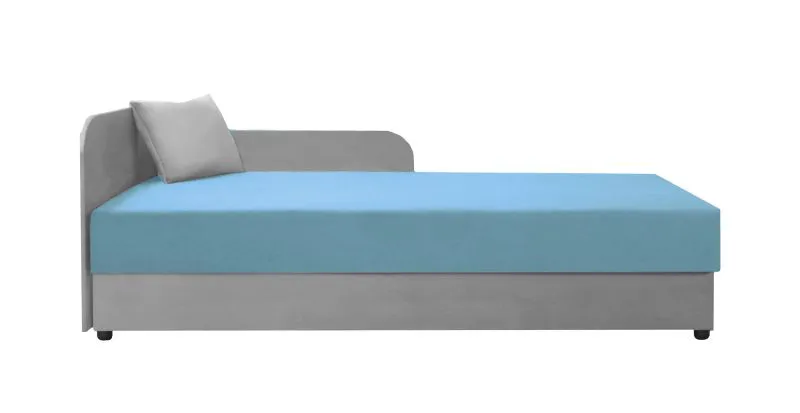 Tagesbett / Gästebett mit Kopfteil links Lobatos 41, Farbe: Grau / Blau, bequeme Polsterung, aufklappbarer Stauraum, Liegefläche: 90 x 195 cm, inkl. Kissen
