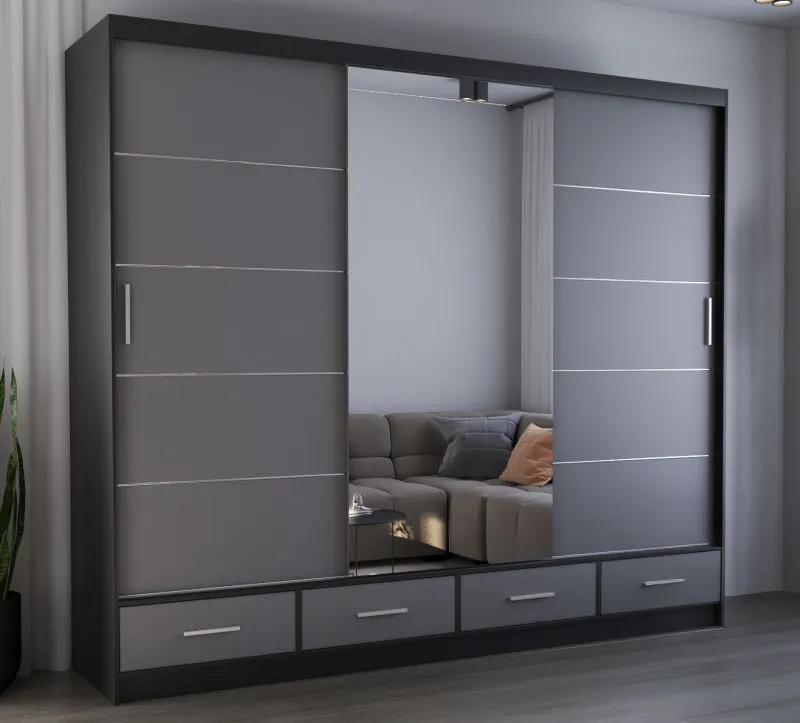 2,5 Meter breiter Schiebetürenschrank / Kleiderschrank mit Spiegel Grau / Schwarz | Lusatian 36 | 218 x 250 x 61 cm | 4 Schubladen | 7 Fächer