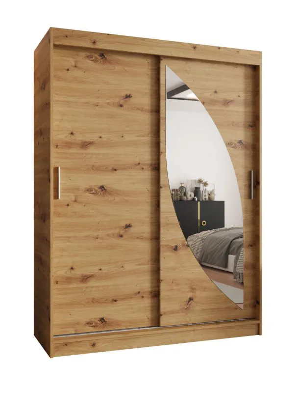 Schiebetürenschrank Jorasses 09, eine Spiegeltür, 1,5 Meter breit, Farbe: Eiche Artisan, fünf Fächer, Aluminiumschienen, Kleiderschrank, Schlafzimmer