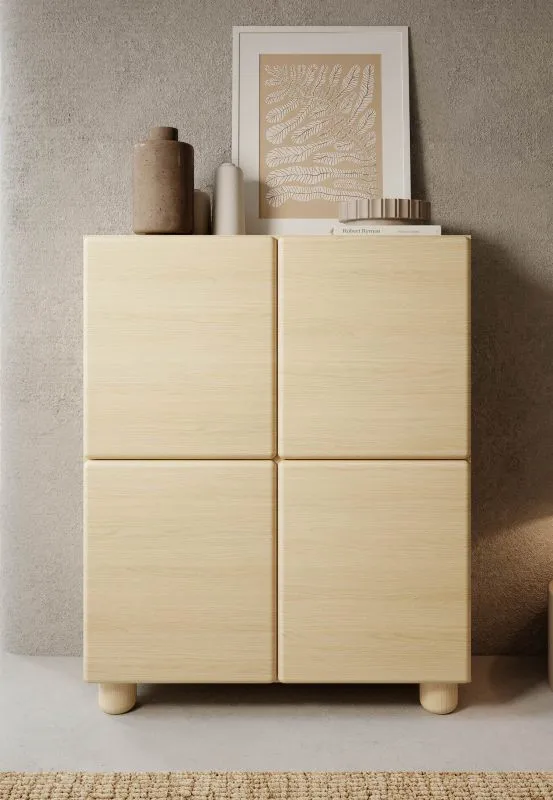 Kommode | 4 Türen | Farbe: Eiche Vicenza | 8 Fächer | Push-to-open Funktion | 100 x 38 x 125 cm | Highboard | ABS-Kanten | Holzbeine | weiche Linien
