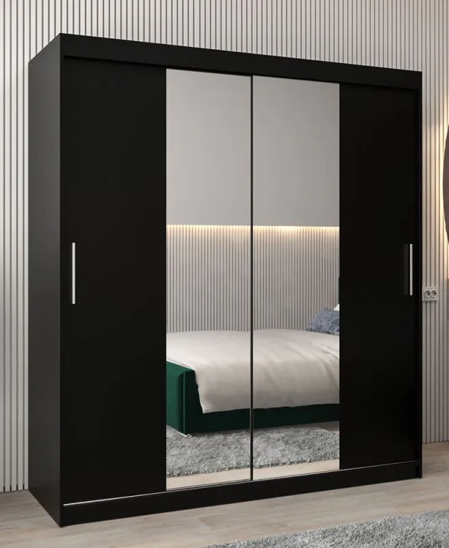 Schiebetürenschrank / Kleiderschrank Bisaurin 4B mit Spiegel, Farbe: Schwarz - Abmessungen: 200 x 180 x 62 cm ( H x B x T)