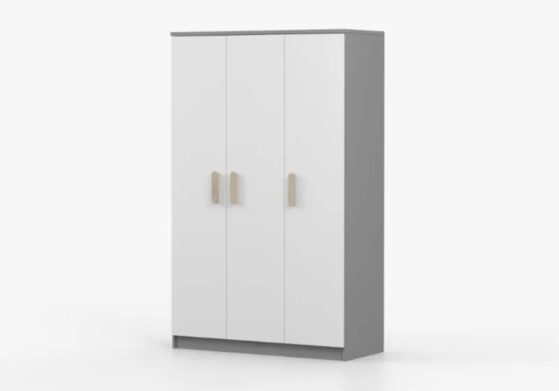 Drehtürenschrank / Kleiderschrank | 192 x 120 x 50 cm | Holzgriffe | Weiß / Sonoma Eiche | Smolikas 114 | Kleiderstange | 3 Türen | 9 Fächer