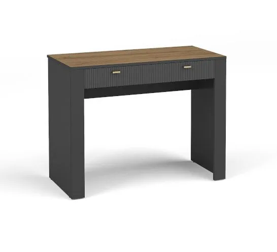 Dunkler Schreibtisch im schlichten Design Barbe 29, ABS-Kantenschutz, Farbe: Schwarz matt, Maße: 79 x 102 x 50 cm, Griffe: Gold, aus hochwertigen Material