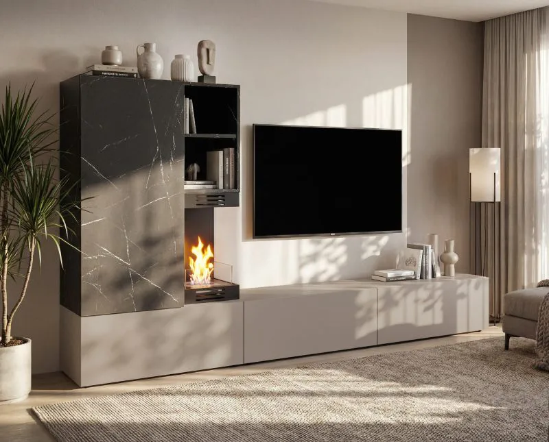 Wohnwand | Clay Grau / Schwarzer Marmor | inkl. Bio-Ethanol Kamin | Push-to-open Funktion | 270 x 40 x 158 cm | modernes Design | für Wohnzimmer