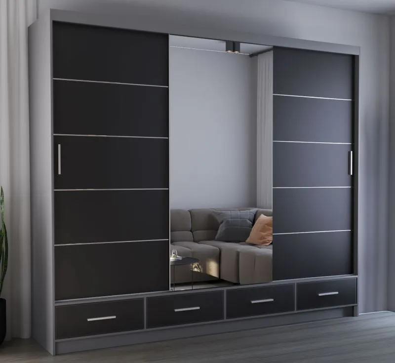 Kleiderschrank / Schiebetürenschrank 2,5 Meter breit | Lusatian 38 | Schwarz / Grau | mit Spiegel | 7 Fächer | 4 Schubladen | 3 Türen | 218 x 250 x 61