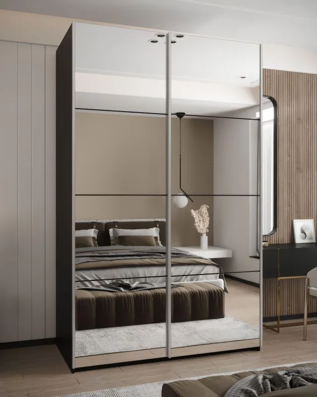 Kleiderschrank / Schiebetürenschrank | Spiegel | 245,5 x 150 x 64 cm | Soft-Close | Farbe: Schwarz | 2 Kleiderstangen | 2 Schiebetüren | 6 Fächer