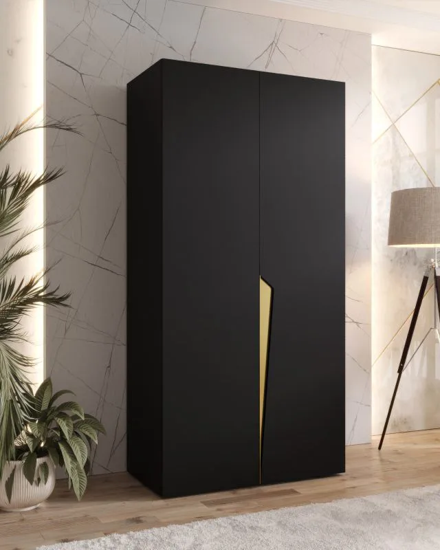 Kleiderschrank | 1 Fach | Farbe: Schwarz | 1 Kleiderstange | Soft-Close-Funktion | 1 Meter breit | Griffe: Gold | ABS-Kanten | Maße: 100 x 52 x 202 cm