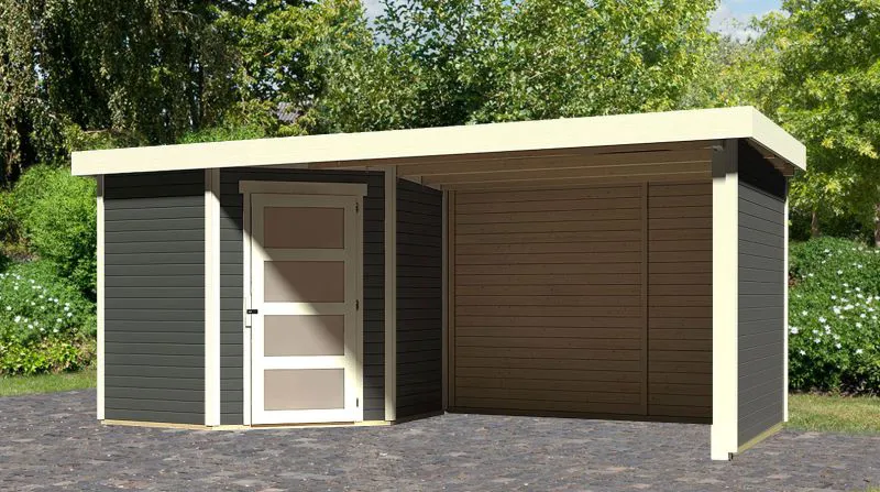 Gartenhaus SET terragrau mit Anbaudach 2,8 m Breite, Seiten- und Rückwand, Grundfläche: 4,45 m²