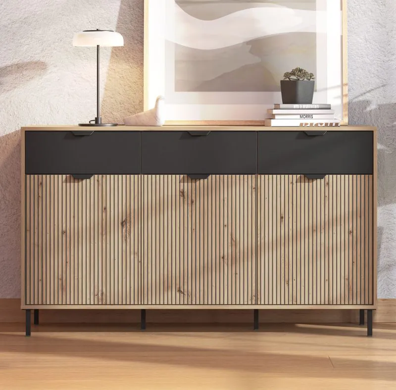 Modernes Sideboard mit viel Stauraum Zvesdara 06, drei Schubladen, Farbe: Eiche Artisan / Schwarz, drei Türen, sechs Fächer, Maße: 92,5 x 157 x 40 cm