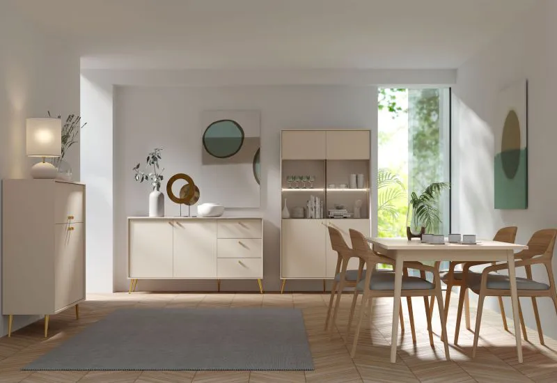 Esszimmer Set | 4-teilig | Farbe: Beige | 1 Vitrine | 1 Sideboard | 1 Highboard | 1 Esstisch 180 x 90 cm | ABS-Kanten | Griffe & Beine: Metall