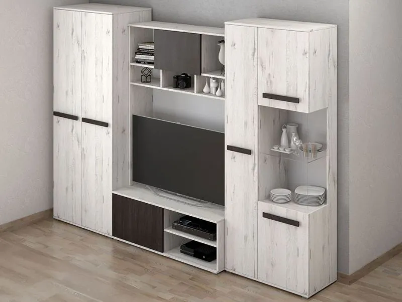 2,8 Meter breite Wohnwand / Drehtürenschrank | Craft Eiche / Kiefer | 4 Türen | 203 x 280 x 52 cm | Holzgriffe | 20 Fächer | Flügeltüren | viel Platz