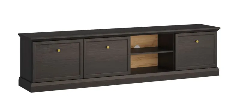 Schwarz/Graphitfarbener TV-Unterschrank Torsakala 16, mit 6 Fächer für TV-Zubehör, 2 offene Fächer, 3 Türen, Griffe aus Metall in Gold, 51 x 206 x 40 cm
