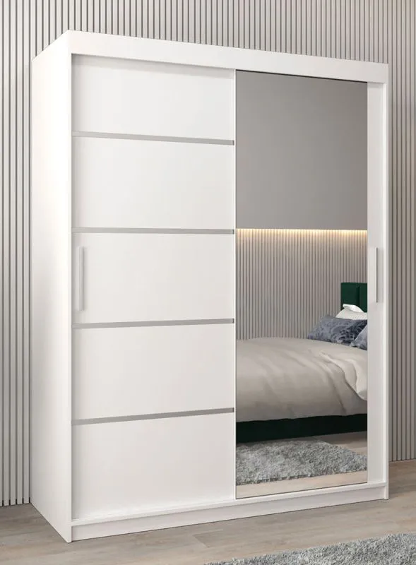 150 cm breiter Schiebetürenschrank mit 2 Türen | 5 Fächer | 2 Kleiderstangen | Farbe: Weiß Abbildung