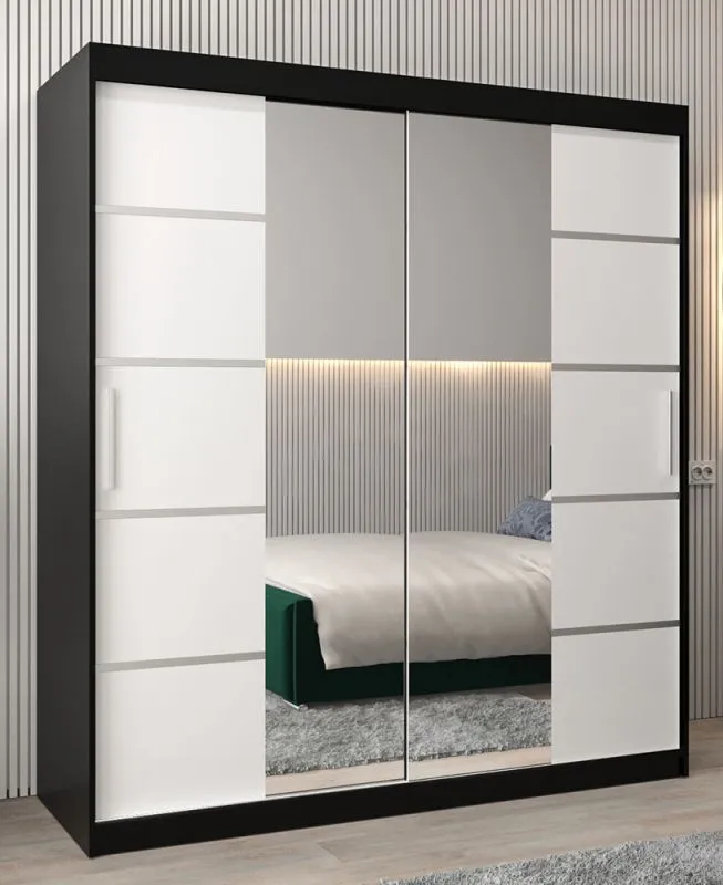 Schiebetürenschrank / Kleiderschrank Jan 04D mit Spiegel, Farbe: Schwarz / Weiß matt - Abmessungen: 200 x 180 x 62 cm (H x B x T)