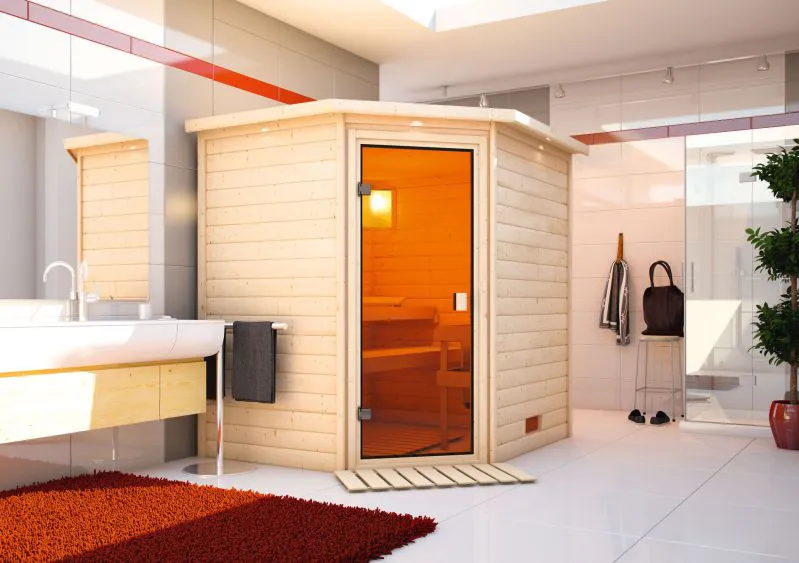 Sauna "Kirsa" mit bronzierter Tür und Kranz - Farbe: Natur - 224 x 184 x 202 cm (B x T x H)