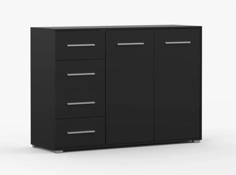 Kommode | Schwarz | Comarca 31 | 96 x 135 x 45 cm | 2 Türen | 4 Schubladen | 3 Fächer | Einfarbig | kompaktes Design | Sideboard