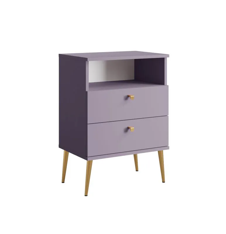Nachtkommode Almyros 04, einen offenen Fach, Farbe: Violett, Griffe & Beine: Gold, zwei Schubladen, ABS-Kanten, Maße: 69,5 x 50 x 34 cm, für Schlafzimmer