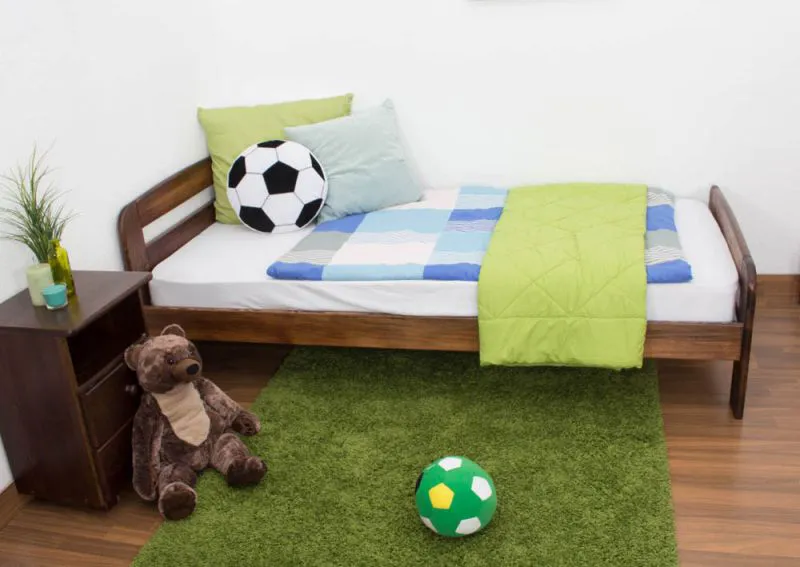 Bettrahmen für Kinder / Kinderbett 90 x 200 cm | Massivholz: Kiefer | Nuss Lackiert | inkl. Rollrost Abbildung