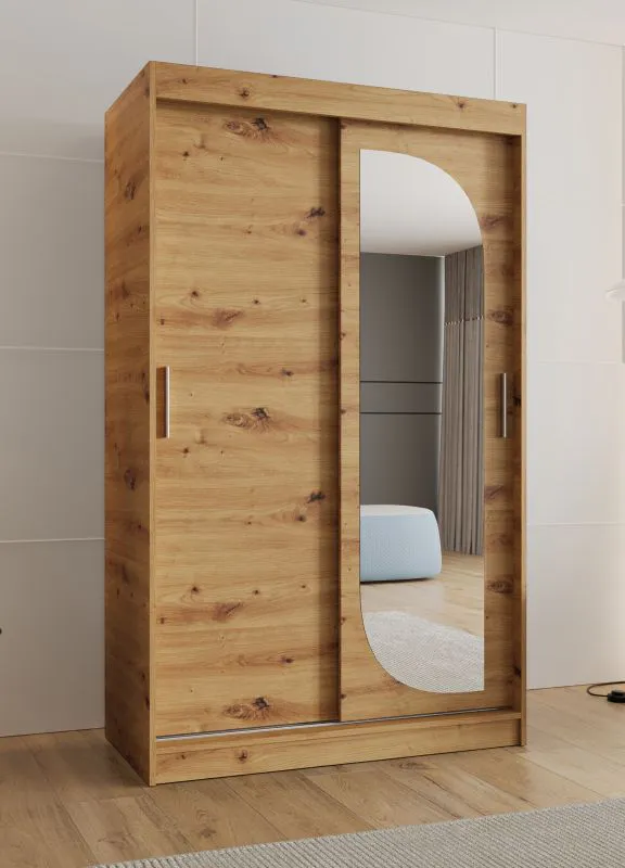 Schiebetürenschrank mit einer Spiegeltür Signalkuppe 05, Farbe: Eiche Artisan, 1,2 Meter breit, fünf Fächer, zwei Kleiderstangen, für Schlafzimmer