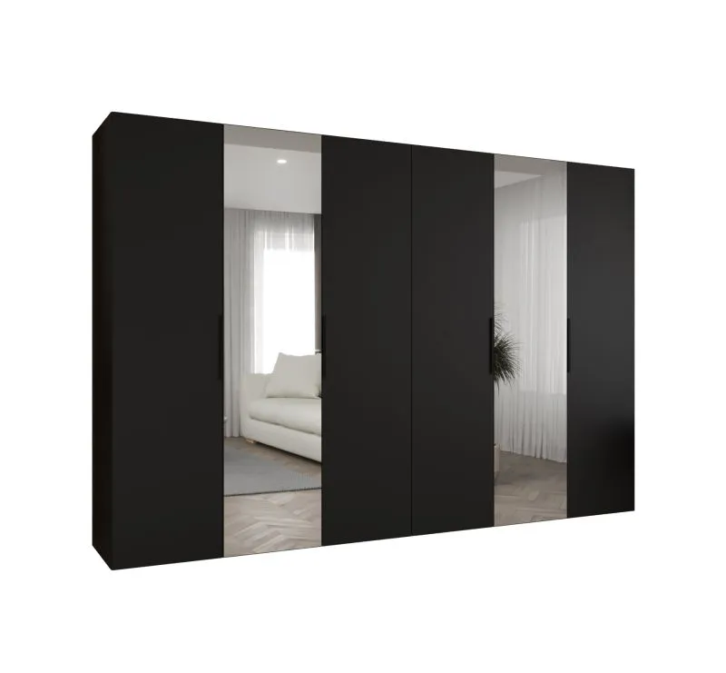 Drehtürenschrank / Kleiderschrank Korab 105, Farbe: Schwarz, zwei Spiegeltüren, vier Kleiderstangen, Griffe: Schwarz, 3 Meter breit, Soft-Close-Funktion