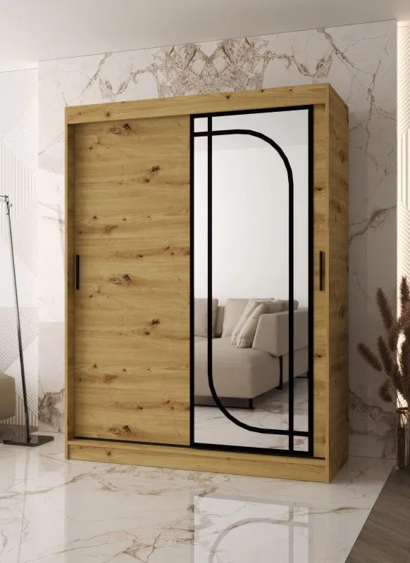 Schiebetürenschrank / Kleiderschrank | Farbe: Eiche Artisan | 150 x 62 x 200 cm | 2 Kleiderstangen | zuverlässiges Gleitsysteme | 5 Fächer | dekorativer  Spiegel