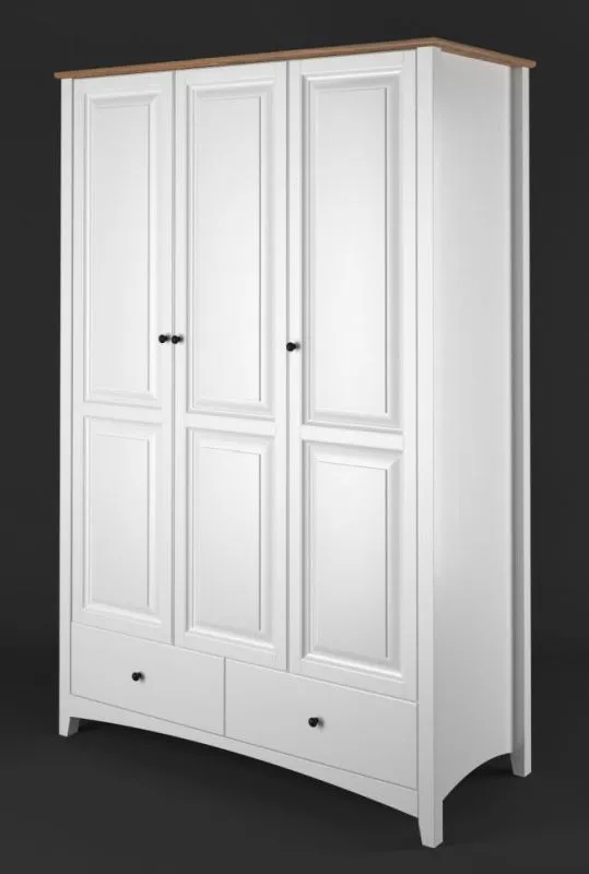 Kleiderschrank | 3 Drehtüren | 2 Schubladen | 4 Fächer | mit Kleiderstange | 124 cm breit | Massivholz | Farbe: Braun Abbildung
