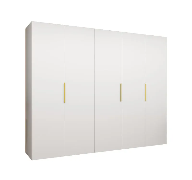 Kleiderschrank mit fünf Türen Korab 38, Farbe: Weiß, 2,5 Meter breit, Drehtürenschrank, drei Fächer, Griffe: Gold, drei Kleiderstangen, Soft-Close-Funktion
