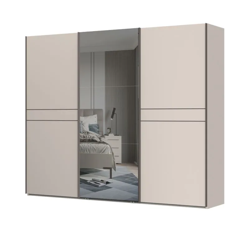 Schiebetürenschrank mit drei Türen Neiafu 93, eine Spiegeltür, drei Kleiderstangen, neun Einlegeböden, Soft-Close-Funktion, Maße: 224 x 272 x 61 cm
