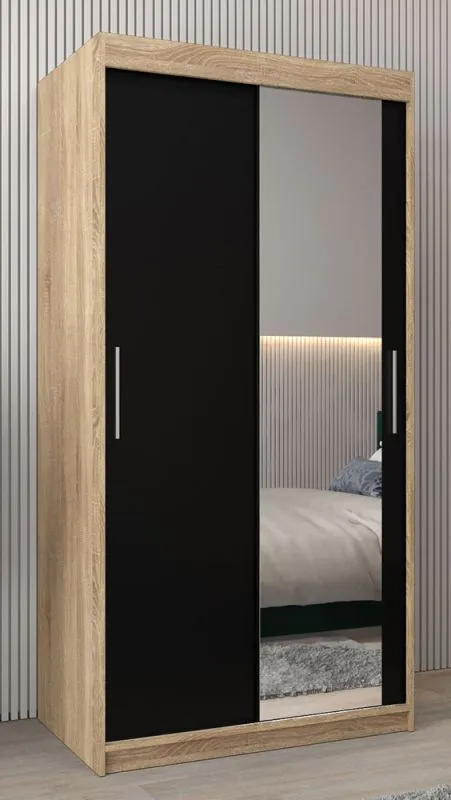100 cm breiter Schiebetürenschrank mit 2 Türen | 5 Fächer | 2 Kleiderstangen | Farbe: Sonoma Eiche Abbildung