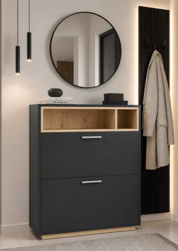 Schuhschrank Zonza | Farbe: Anthrazit matt / Eiche Artisan | 2 Kippschuhfächer | 2 offene Fächer | 85 x 32 x 109 | Garderobe