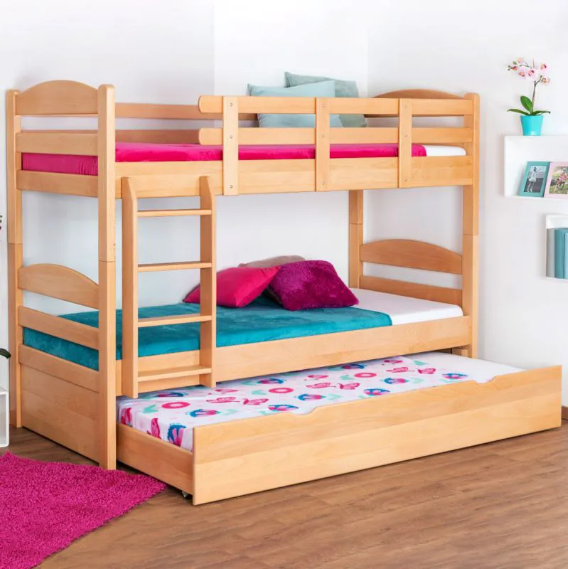 90 x 200 cm Etagenbett inkl. Ausziehbett für 3. Liegeplatz 90 x 190 cm (Bettkasten/Stauraum) | Massivholz: Buche | Natur Lackiert | umbaubar/teilbar in zwei Einzelbetten | inkl. Rollroste Abbildung