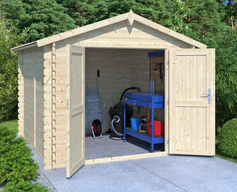Holz-Gartenhaus 2,38 x 2,46 Meter (inkl. Dach) | Naturbelassen | Satteldach | 28 mm Blockbohlen-Haus Abbildung