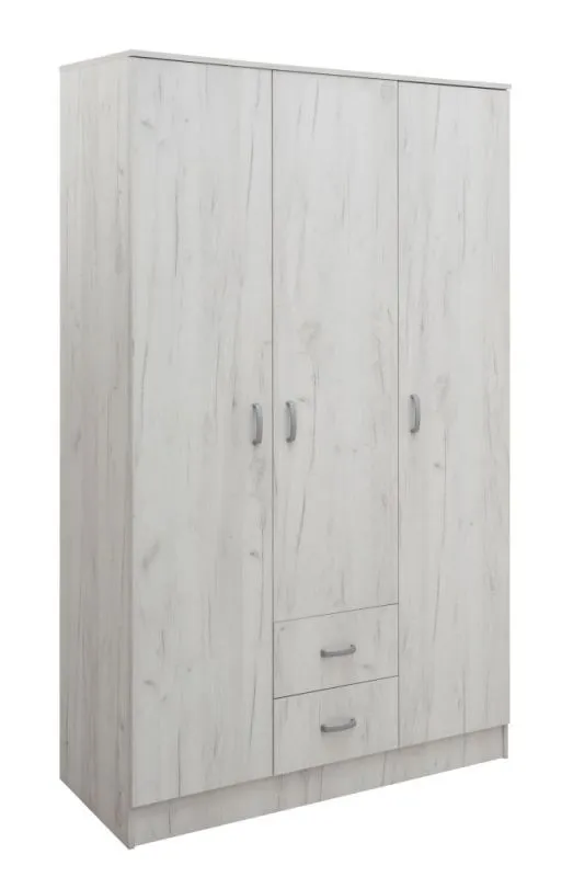 Kleiderschrank | 3 Drehtüren | 2 Schublade | 6 Fächer | mit Kleiderstange | 123 cm breit | Farbe: Weiß Abbildung