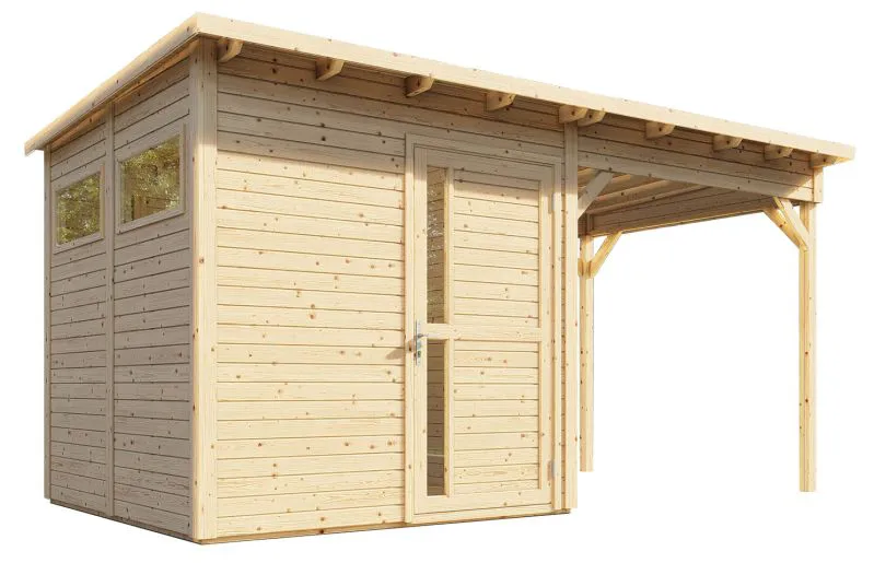 Gartenhaus Kiel 02 mit Anbaudach inkl. Fußboden, Naturbelassen - 19 mm Elementgartenhaus, Nutzfläche: 5,10 m², Flachdach