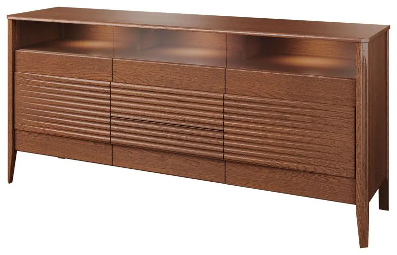 Breite Kommode mit 2 Türen und 2 Schubladen Gorica 08, in Eiche Rustikal, 85 x 180 x 50 cm, inklusive LED-Beleuchtung, Soft Close System, teilmassiv, Antisol-Glas Bronze
