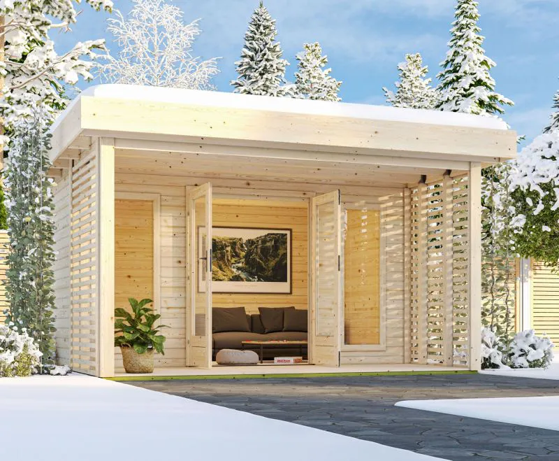 Gartenhaus mit Schneelast von 185 kg/m² aus Holz, inkl. Fußboden, Fichte natur, 38 mm Wandstärke, Terrasse mit Sichtschutz, Pultdach, 3,93 × 3,93 m